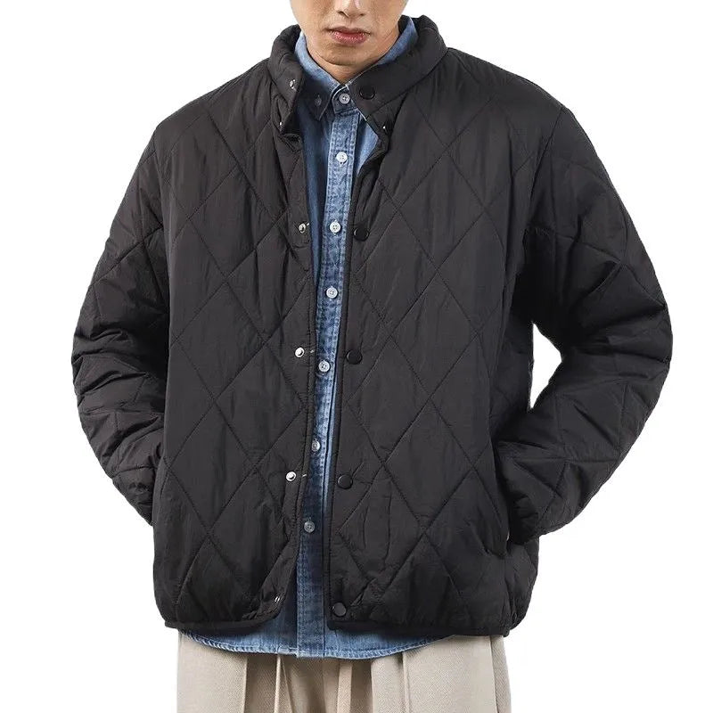 Men's black diamond lattice pattern cotton-padded winter jacket with a lengthened 100cm loose fit.