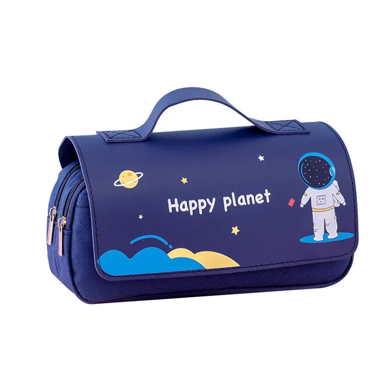 Large-capacity canvas flip pencil case with hand-painted cartoon planet pattern in blue, 21x10cm, square shape