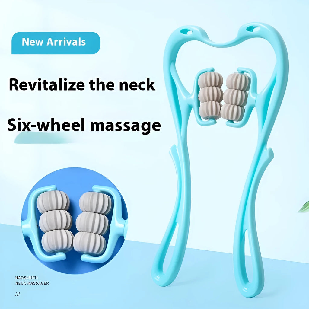 Blue plastic handheld massager with six rotating wheels for neck and shoulder tension.