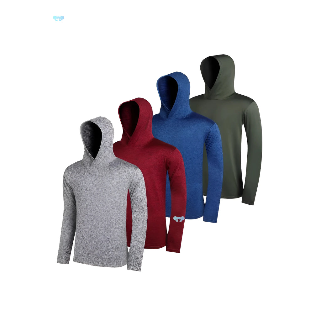 Pack of men's lightweight polyester hoodies in assorted colours on hangers