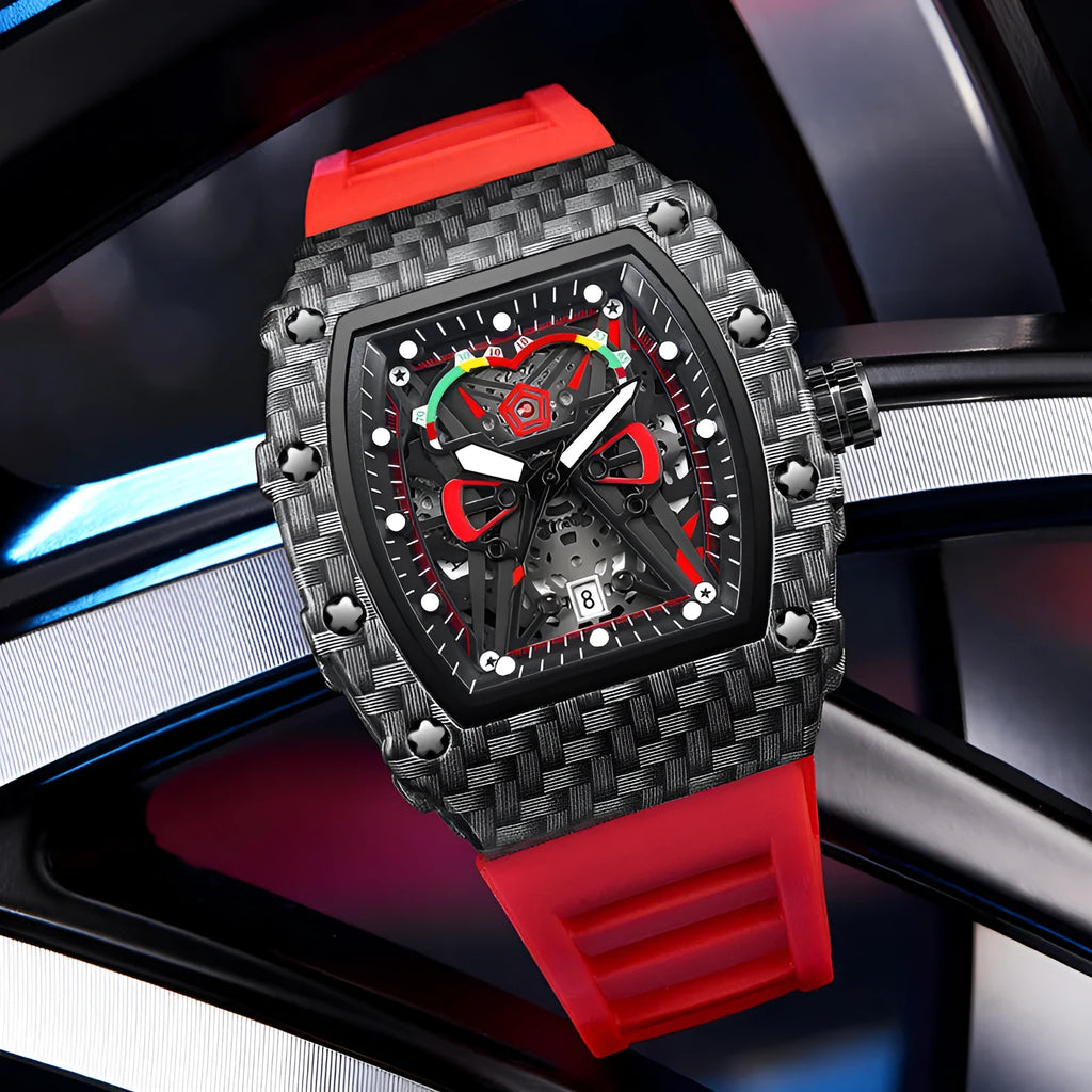 Trendy waterproof luminous men's quartz watch with black shell and red belt, alloy case, 18mm thickness