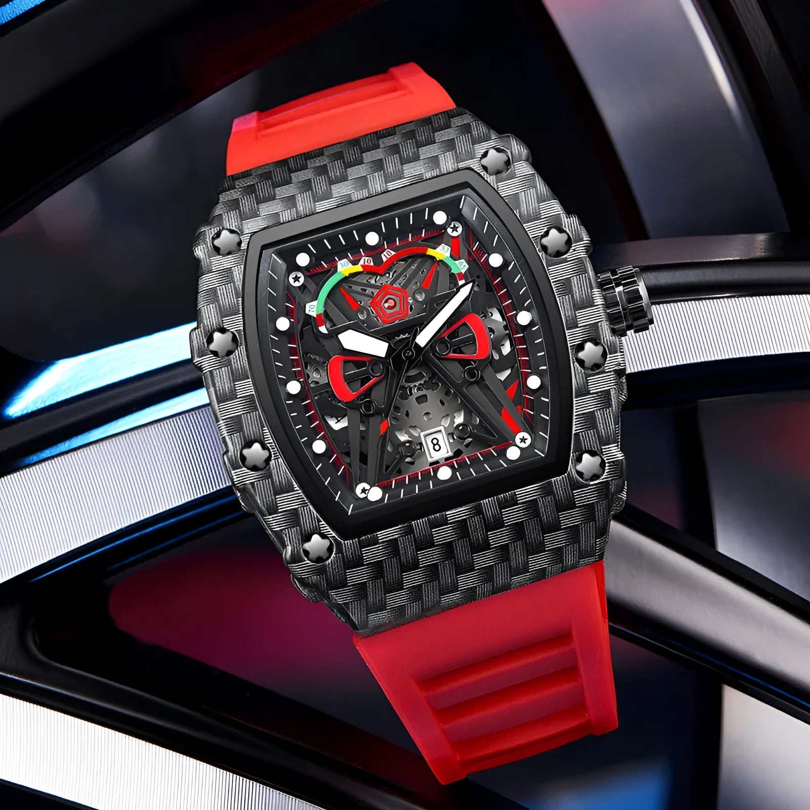 Trendy waterproof luminous men's quartz watch with black shell and red belt, alloy case, 18mm thickness
