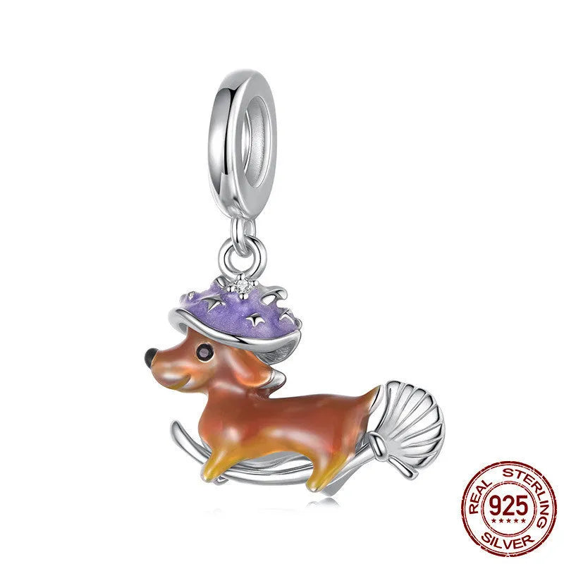 925 sterling silver Halloween magic sausage dog pendant part with pumpkin skull design, 2.4 cm height