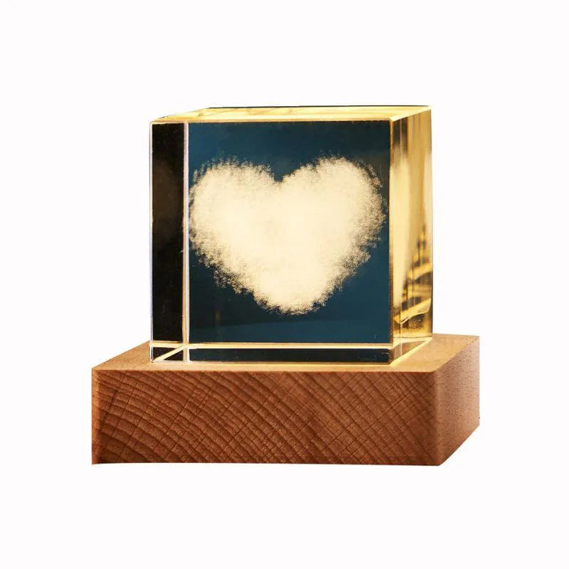 3D crystal cube night lamp with warm light and glass lampshade, available in 40mm and 60mm sizes