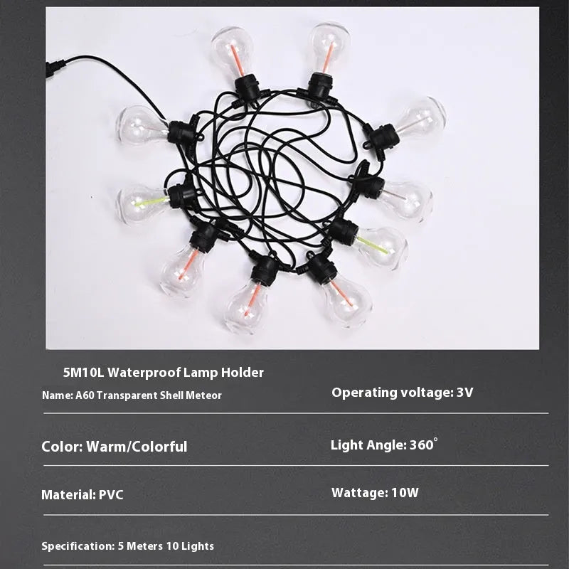 Outdoor waterproof decorative string lights with 10 A60 bulbs in transparent case meteor design