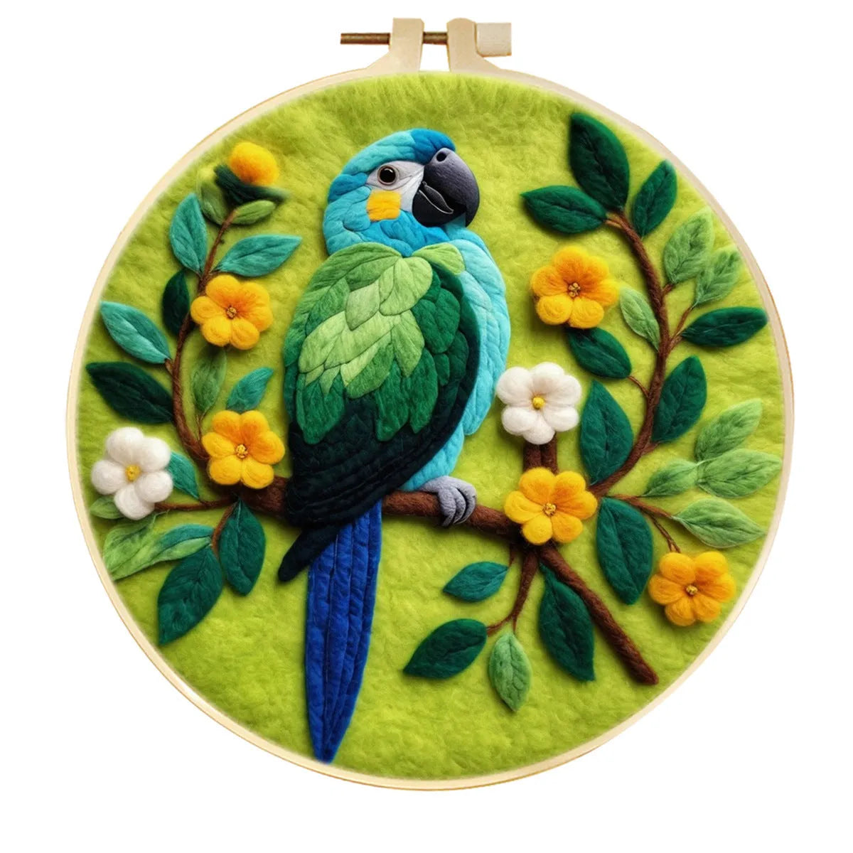 Round 20x20 cm linen embroidery kit with wool felt pieces for floral design and included embroidery frame.