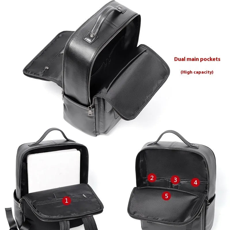Black genuine leather men's computer backpack with a large main compartment.