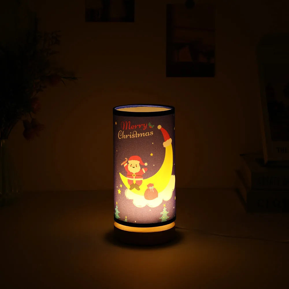 European-style Santa Claus LED night light with USB plug and bamboo base.