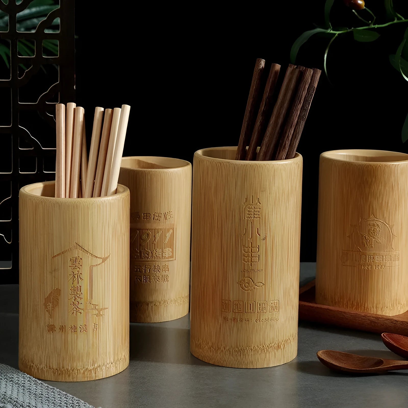 Natural bamboo chopstick holder with creative bevel design for kitchen utensil organisation