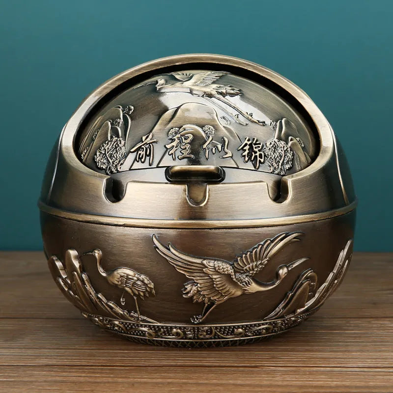 Creative alloy ashtray in bronze with smoke extinguishing slot, featuring a detailed Money Tree design.
