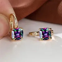 Square geometric ear hook studs with a round zircon stone, shown in a gold electroplated finish.