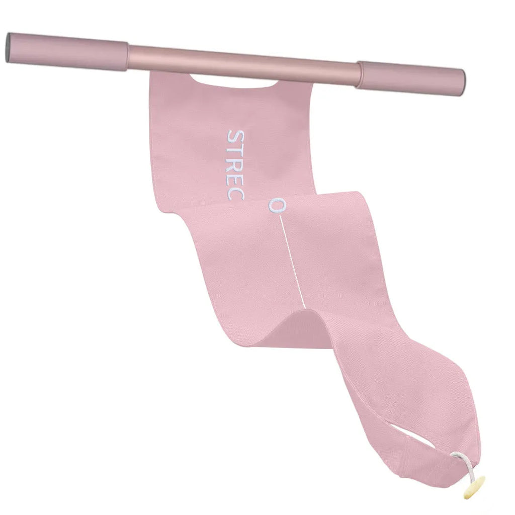 Grey and pink yoga stretching tool for shoulder and hip flexibility.