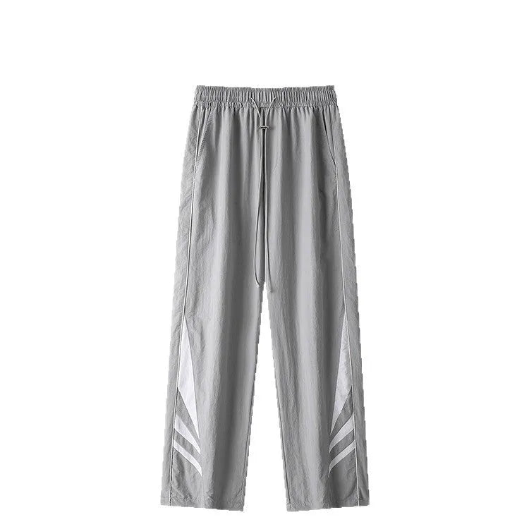 Men's straight-leg casual trousers in black or grey, featuring an elastic waist and thin summer fabric.