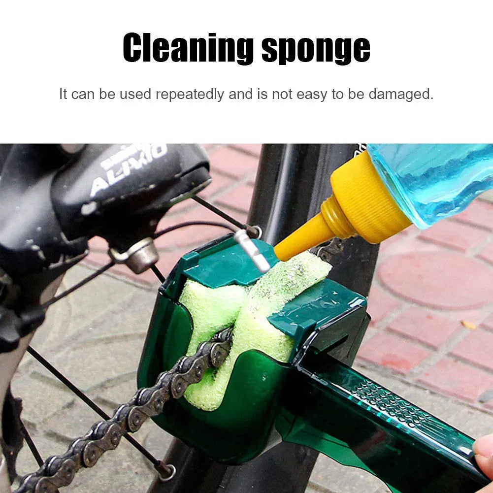 Bicycle chain cleaner scrubber brush set with PC plastic housing, soft brush, and three wear-resistant sponges on a workbench