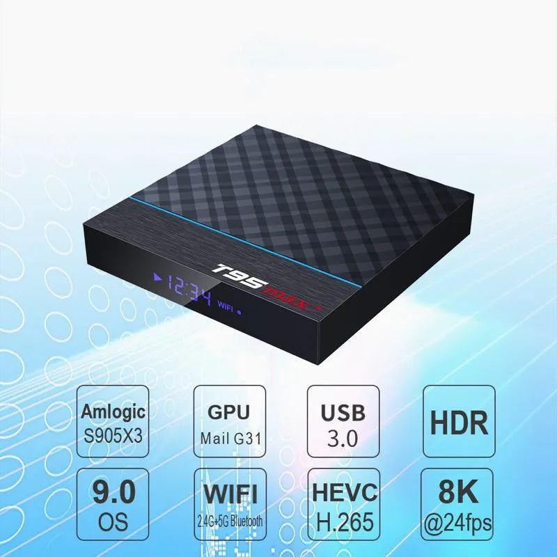 Black T95 Max Plus Android TV box unit with remote, showing UK power plug variant.