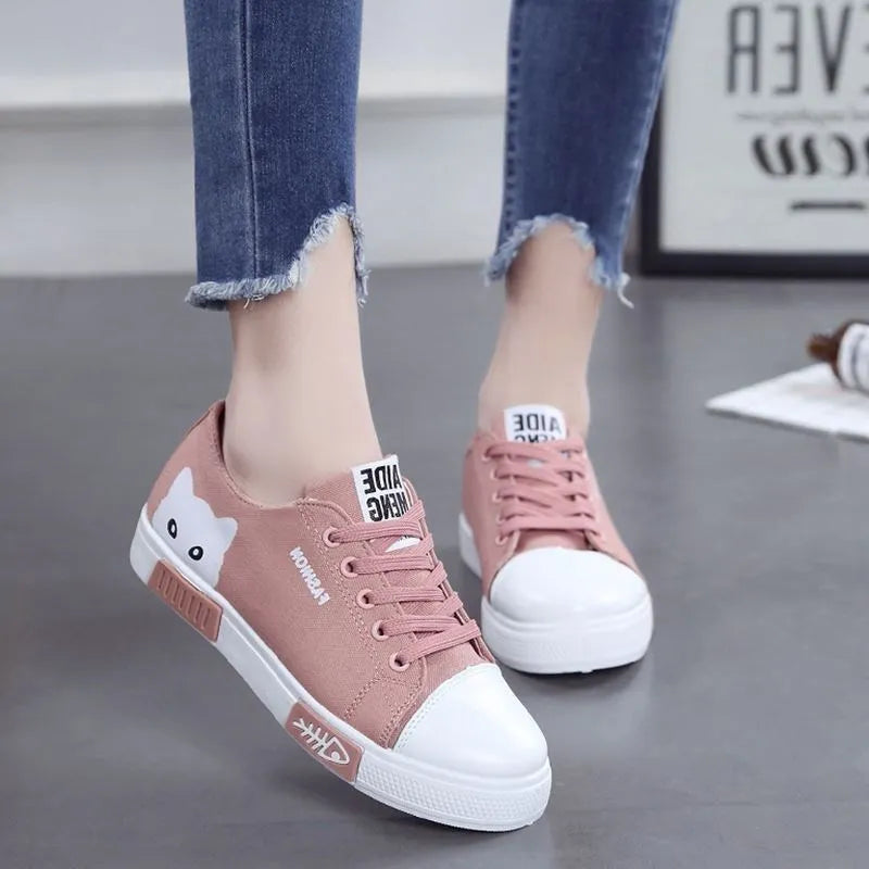 Pink cat fish canvas shoes for women, lace-up flat style with cotton upper
