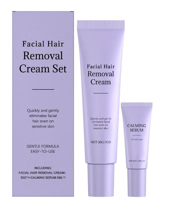 Facial hair removal cream set with 30g depilatory tube and 5ml ball essence, on a white background