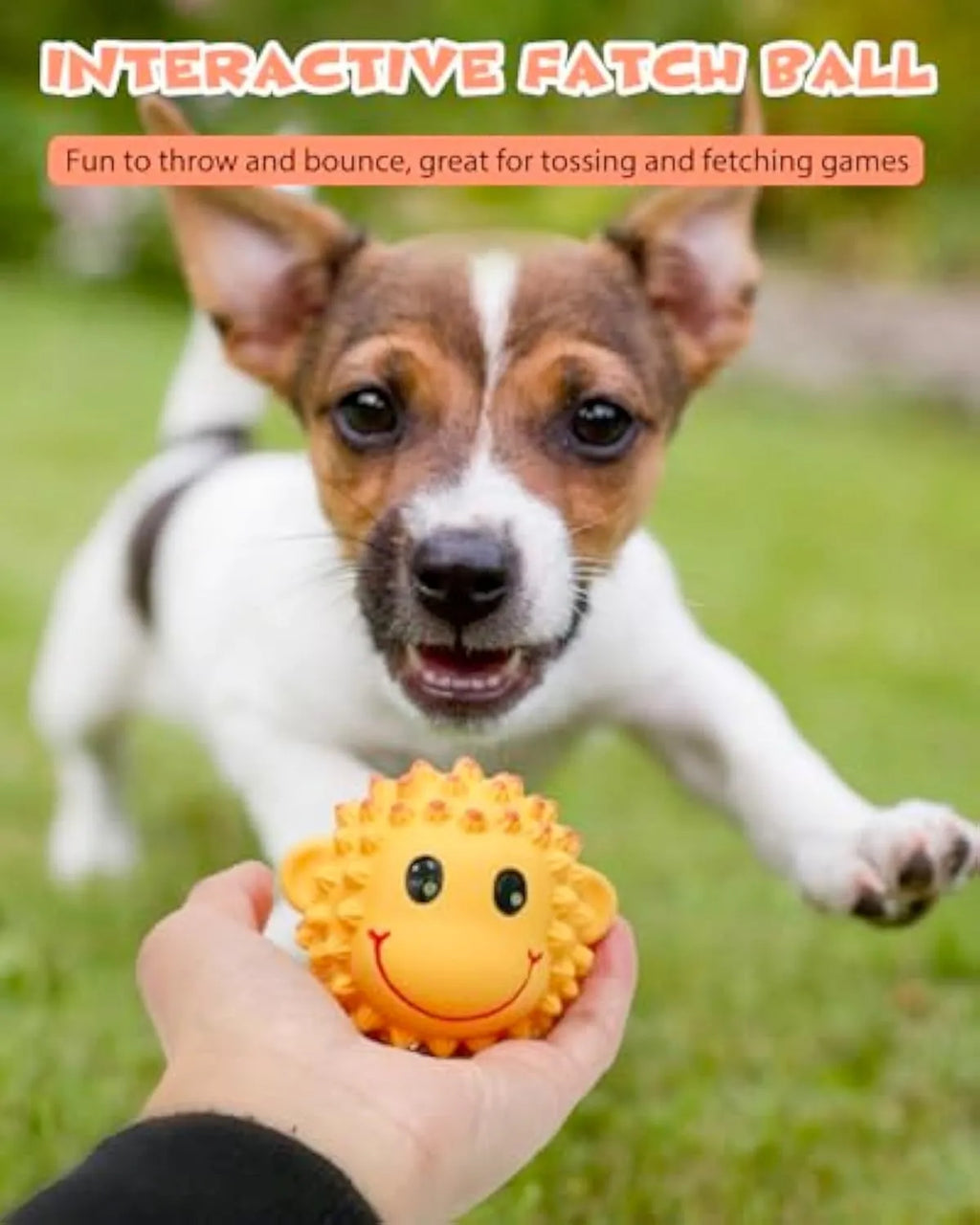 Orange and yellow squeaky latex dog toy with elastic spikes for teeth cleaning