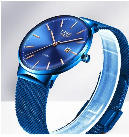 Men's stainless steel watch with 40mm dial in black, blue, or two-tone colour options.