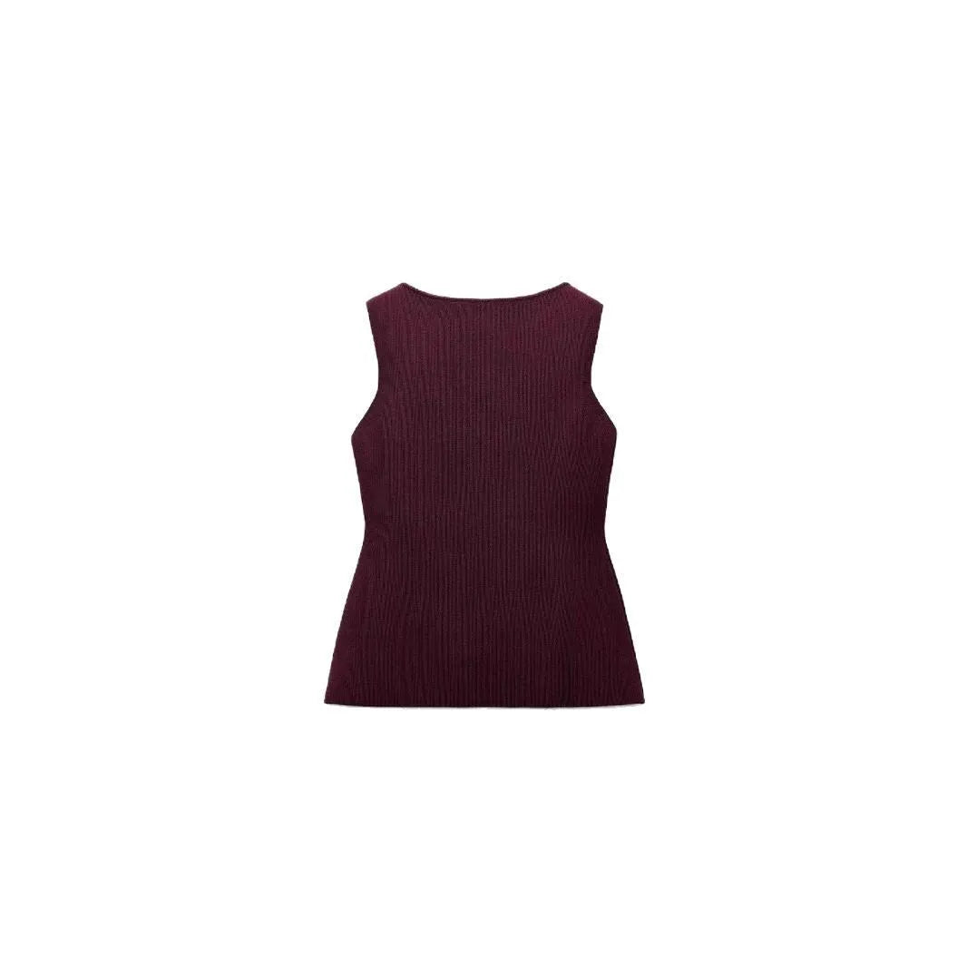 Slim fit dark red viscose vest with 3D pattern detailing and gold button front