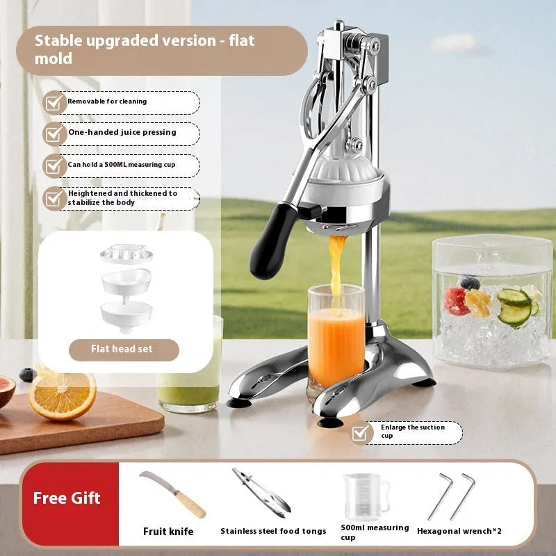 Manual stainless steel citrus juicer with 480mm long pressing arm on a countertop.