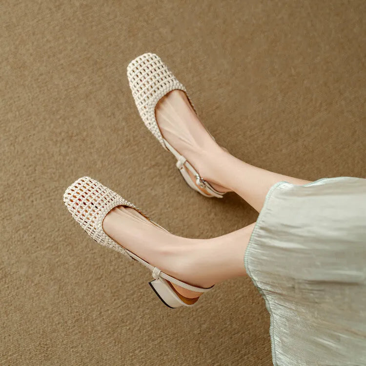 Women's woven hollow-out closed toe sandals with chunky 4cm heel and belt buckle closure