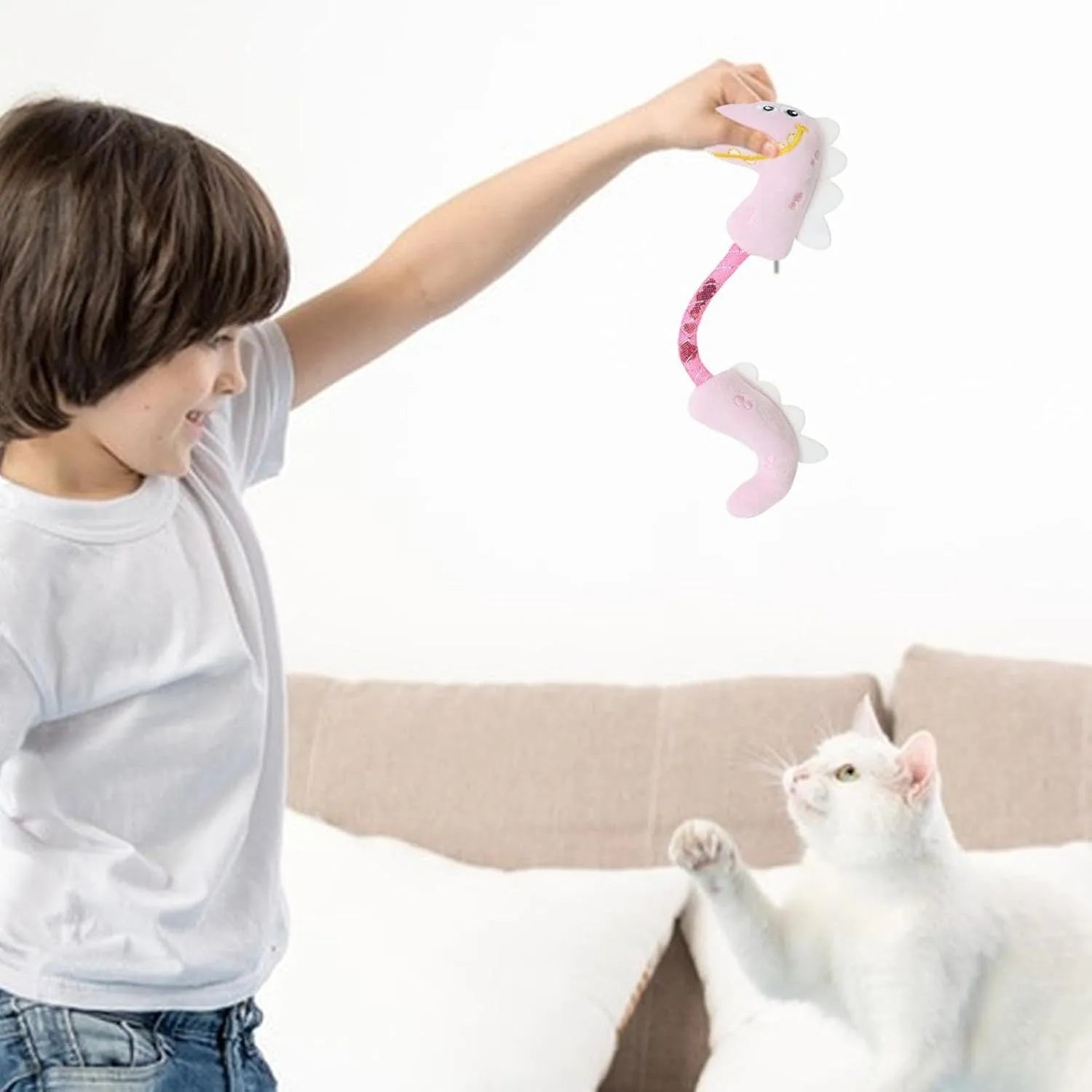 Bundle of four cat toys including rope toys, springs, kicker toys, and plush chew toys in pink, purple, or yellow colours