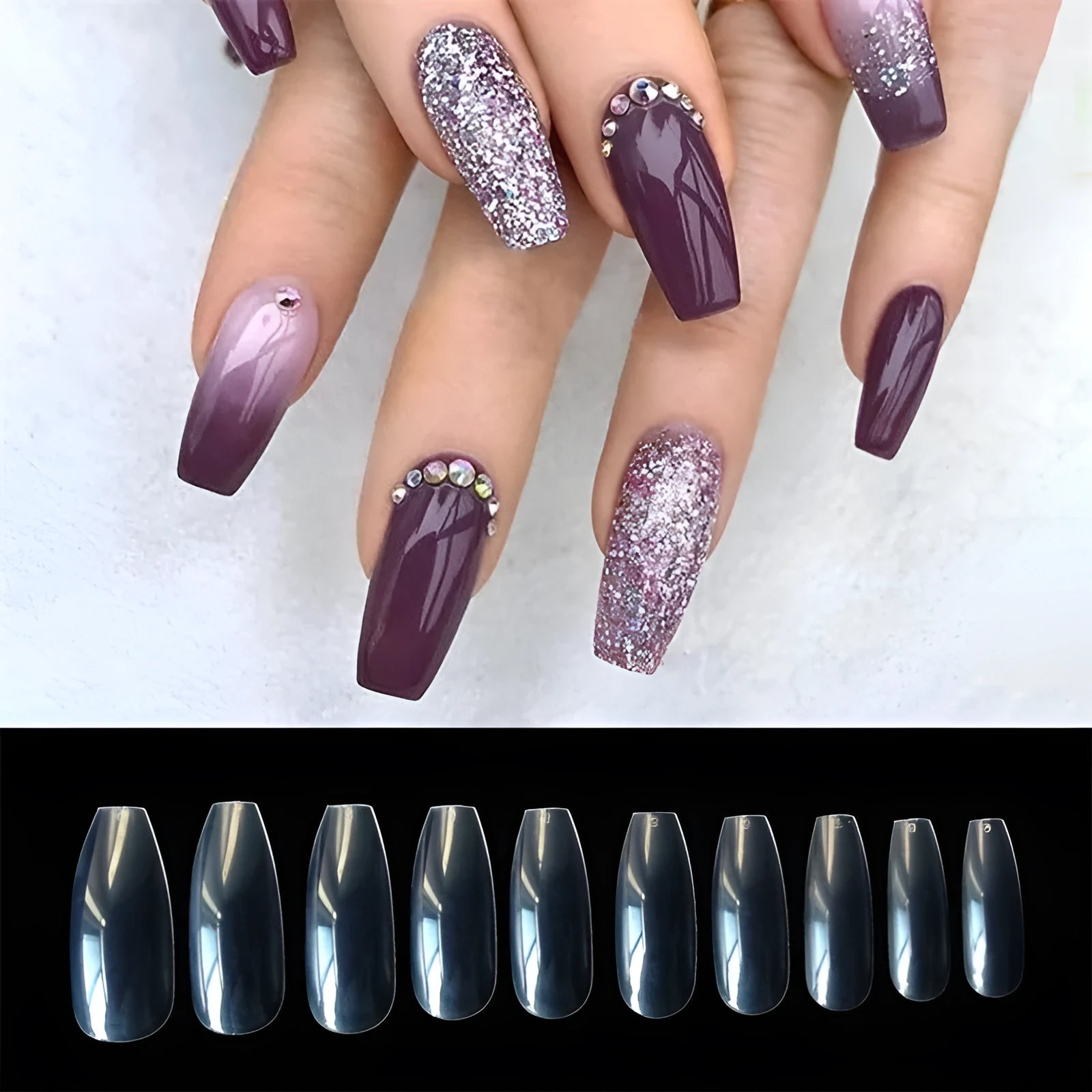 500 clear false nails in various sizes with ABS material for professional nail applications