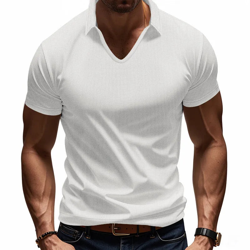 Men's loose fit V-neck short sleeve t-shirt in light blue cotton blend fabric