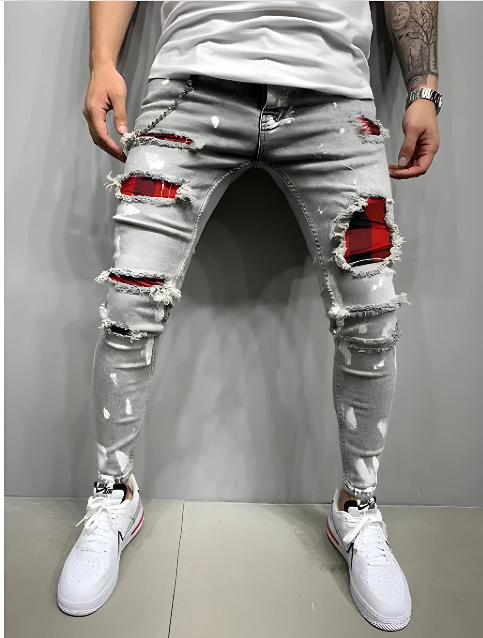 Men's cotton paint jeans in black, straight-leg style for casual or artistic use