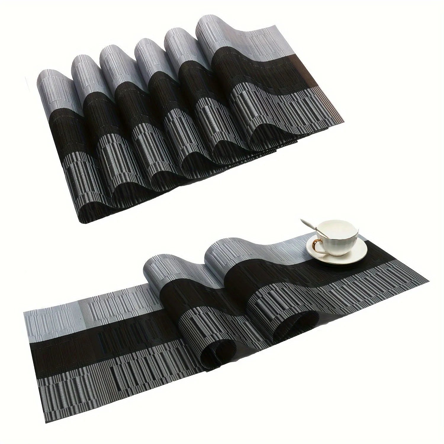 PVC non-slip dish mat in modern simple style on a dining table, showing gradient bamboo black colour option.