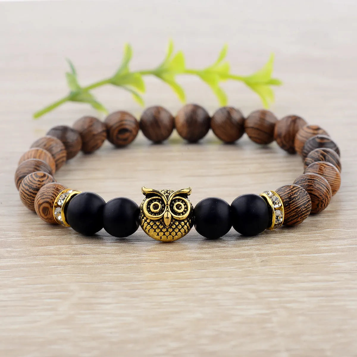 Owl frosted stone lifeline wood grain bracelet with wood beads alloy stone in black and gold colour options