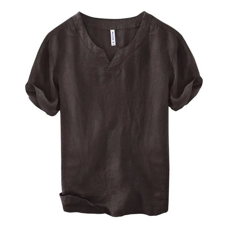 Linen short sleeve pullover T-shirt top in brown, green, dark gray, khaki, and white colours