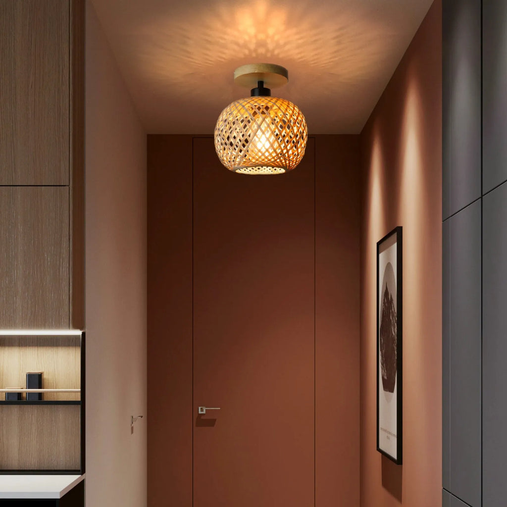 Japanese-style natural bamboo ceiling lamp in a wood colour finish for corridors and hallways.