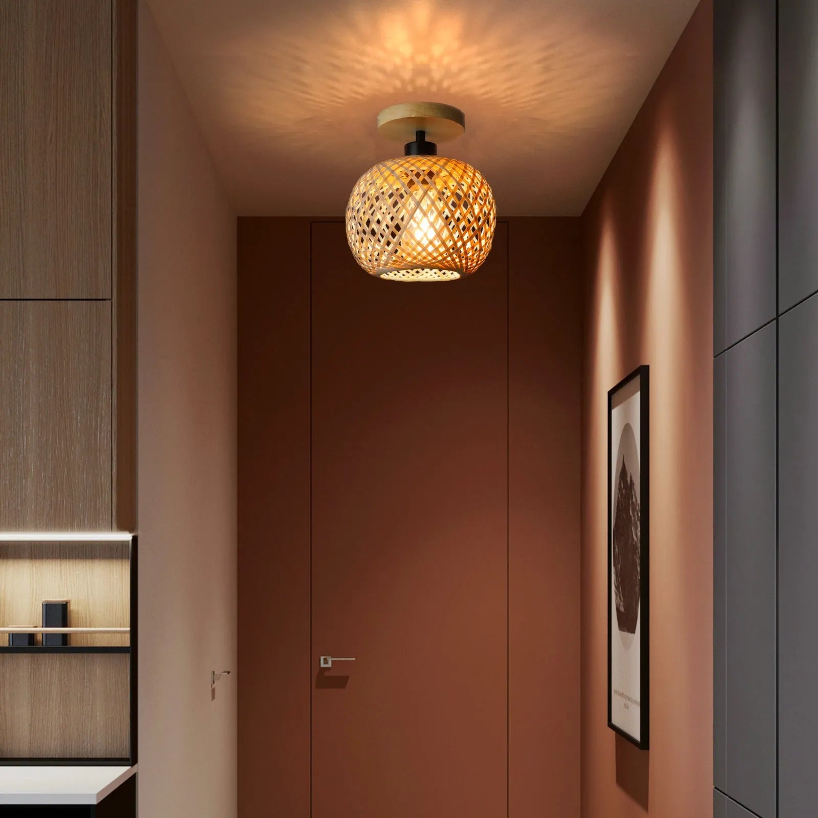 Japanese-style natural bamboo ceiling lamp in a wood colour finish for corridors and hallways.