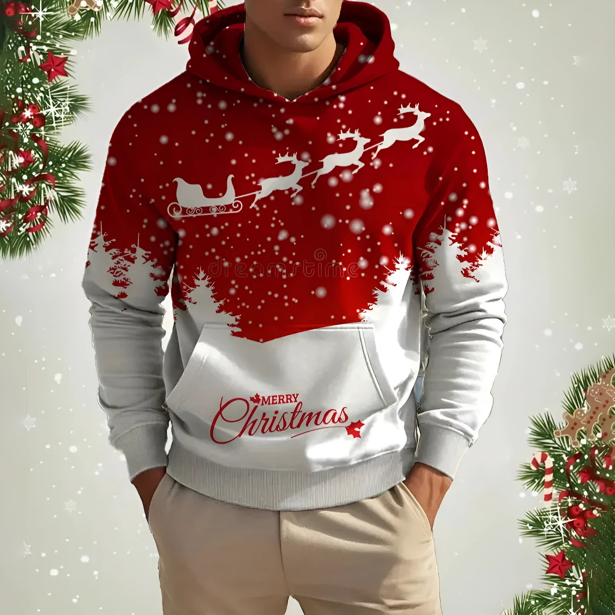 Men's Christmas reindeer 3D printed hoodie in red, front view, pullover style, polyester fibre fabric.