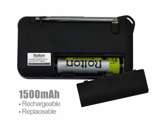 Rolton W405 portable FM radio and MP3 speaker in blue, showing LED screen and compact size