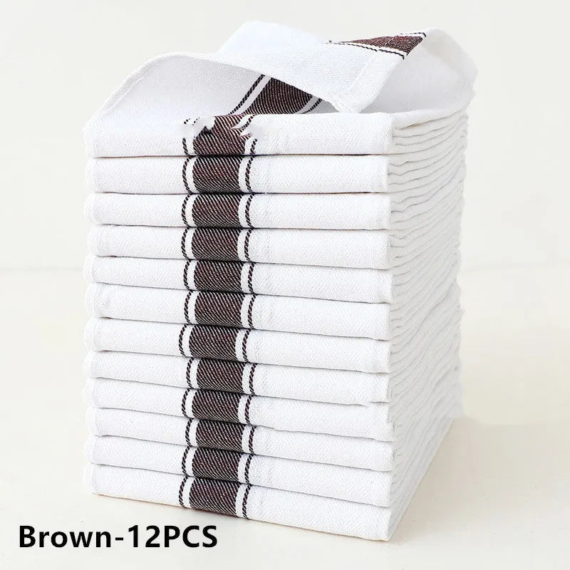 Set of twelve striped cotton dish towels in assorted colours, shown flat to display 48x70cm size.