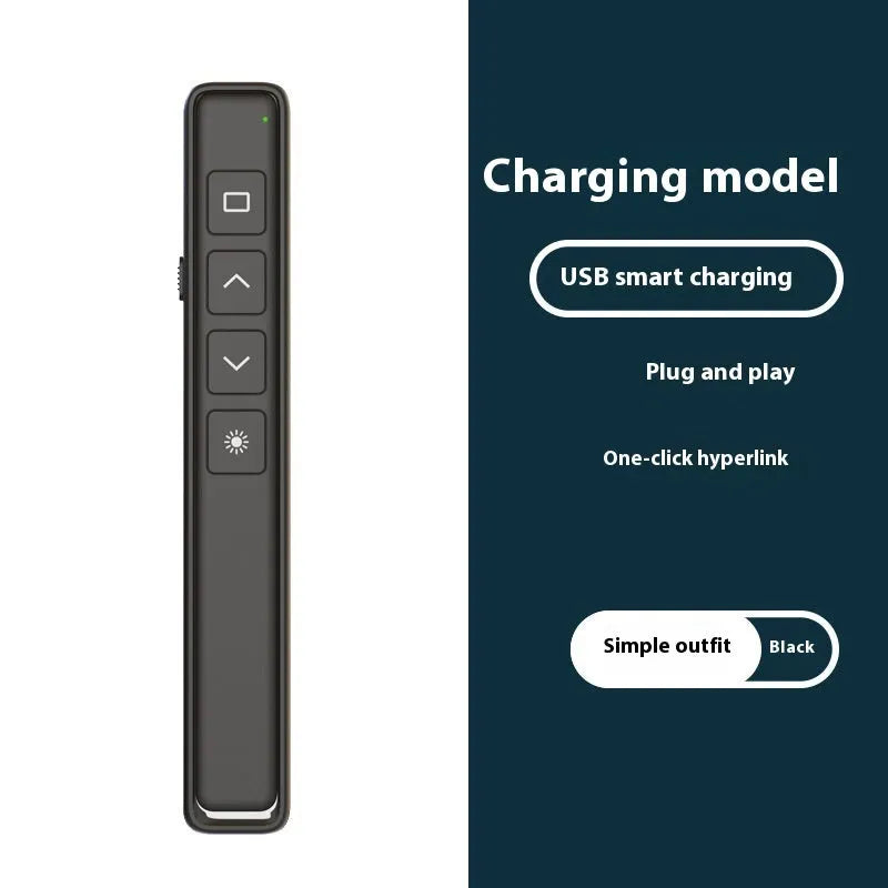 A whiteboard and presentation remote control pen in black, with a USB charging cable.