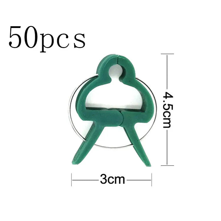 Green plastic and zinc plant fixing clips for supporting climbing beans and tomatoes.