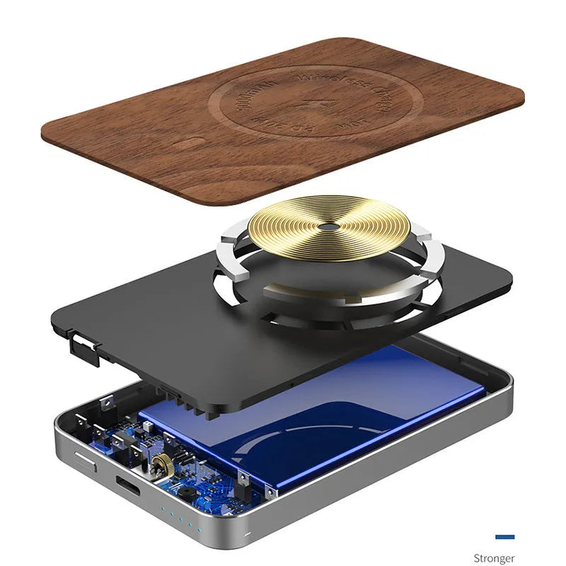 Khaki aluminium alloy magnetic wireless charging bank with 5000mAh battery and USB port