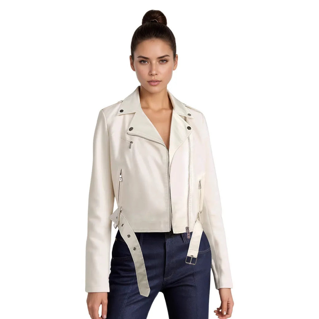 Red women's PU leather motorcycle jacket featuring a short belt on the lapel.