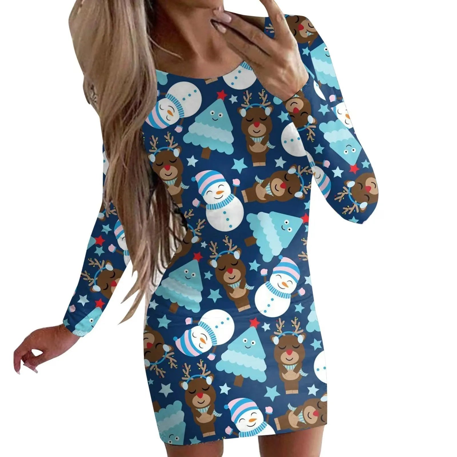 Animal pattern round neck dress with long sleeves and hip skirt styling in floral colour
