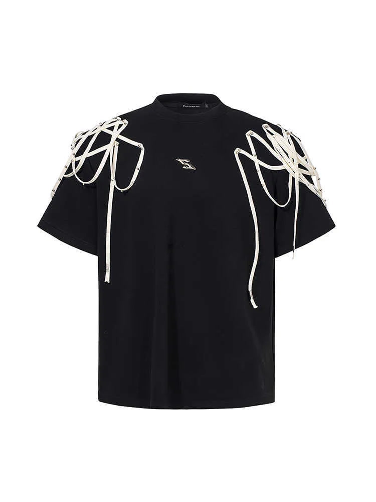 Black loose fit t-shirt with ribbon detailing on padded shoulders, short sleeves, round neck