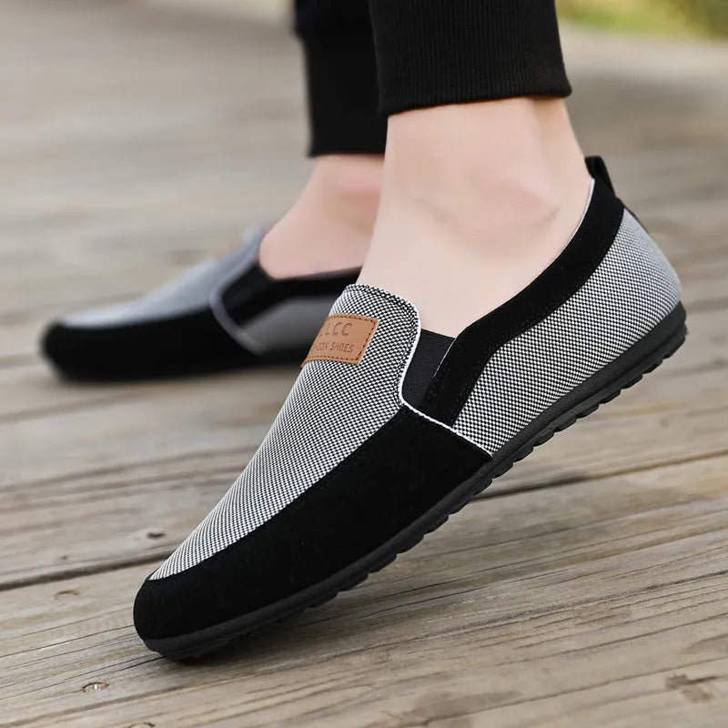 Men's grey and khaki canvas casual shoes with round toe design and rubber soles