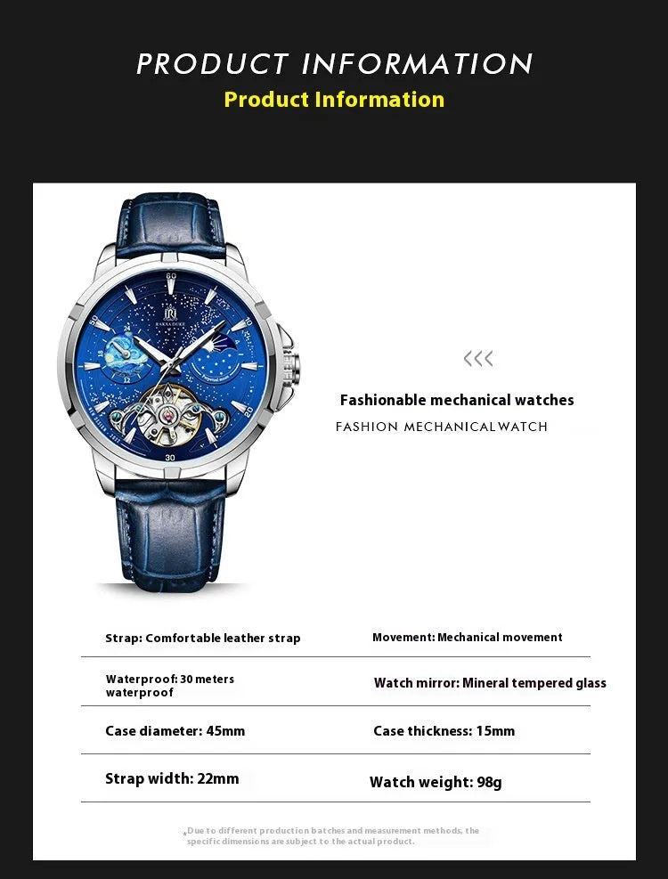 Men's automatic mechanical watch with blue dial and 14mm thickness