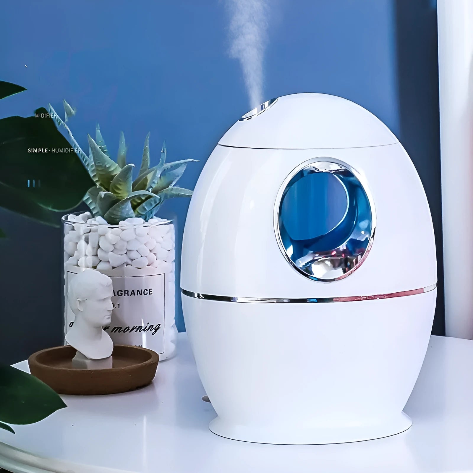 White columnar anion air humidifier with USB cable and 1.5 litre water tank capacity