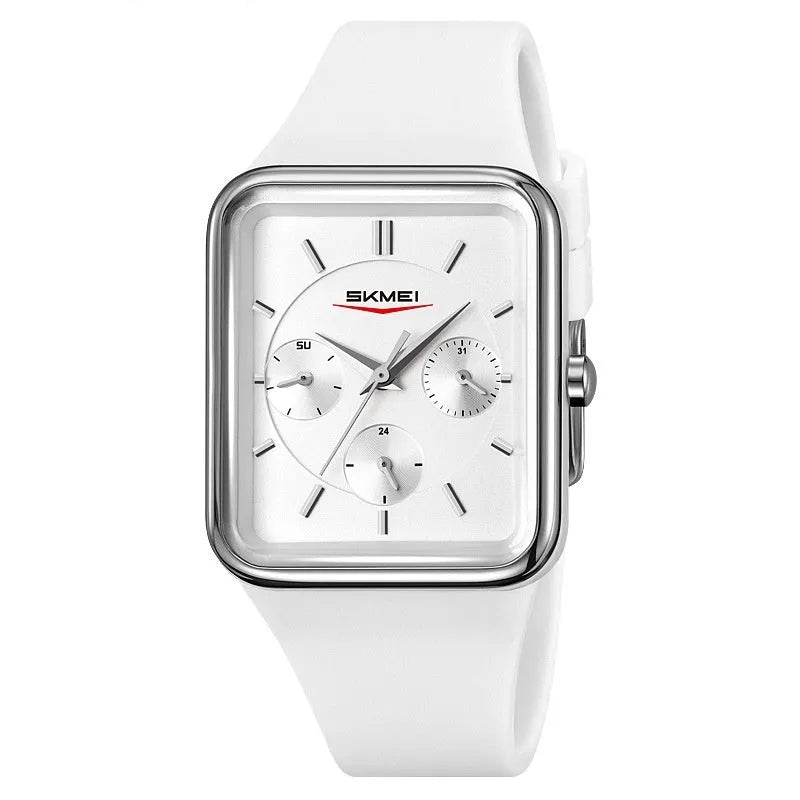 Square silicone waterproof watch for girls in multiple colour options on a wrist.