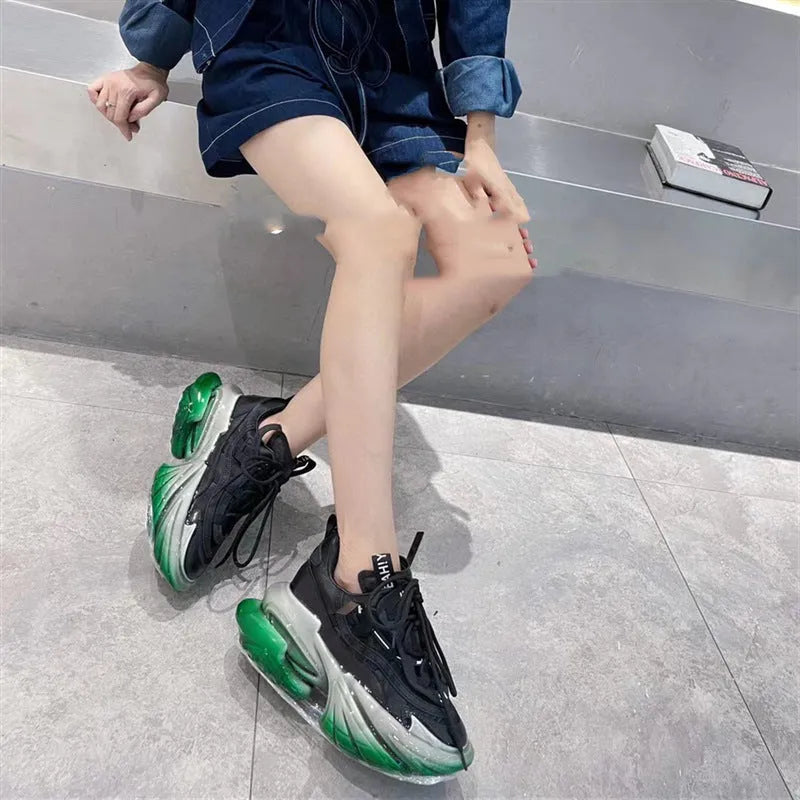 Women's green leather casual sports shoes with jelly detailing and white cross-tie lacing
