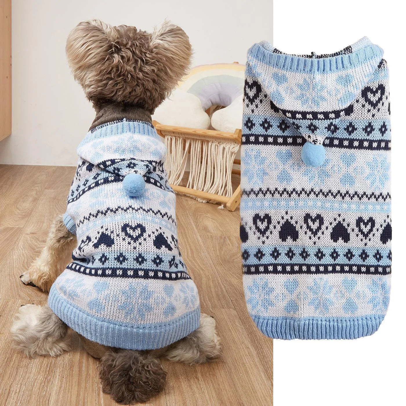 Acrylic knitted dog jumper with snowflake love stripe camouflage pattern in blue pink grey colour options